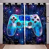 Loussiesd Jungen Spiel Vorhänge für Schlafzimmer Gamer Videospiel Raum Vorhang Teens Kleinkind Kinder Galaxy Sternenhimmel Fenster Gaming Gamepad Fenster Vorhänge Blau W46 x L54