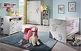 Babyzimmer Jemma in Weiß mit Printdekor Tiere 7 teiliges Komplett Set Kleiderschrank, Babybett und Umbauseiten, Wickelkommode Regalen, 70 x 140 cm