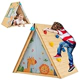 COSTWAY 2 in 1 Kinderspielhaus mit Klettersteine, Kinderzelt Holz Spielhaus Kinder Holzhaus Kletterdreieck 115x77x100cm