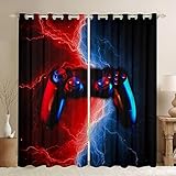 3D schwarze Gamepad Fenstervorhänge Videospiel Gamepad Vorhänge für Jungen Kinder Moderne Gamer Fensterbehandlungen Neuheit Game Controller Rot Blau Neon Fenstervorhang Raumdekor (2 Panels, 96,5 x