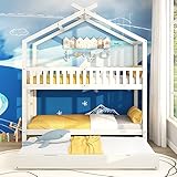 LINTAIZUO Hausbett Kinderbett Jugendbett, DREI Betten, Ausziehbar, Platzsparendes Design, Liegefläche 200x90 cm FSC zertifizierter, für Mädchen und Jungen,Weiß
