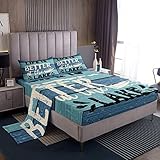 Feelyou Blue Lake House Bed Set Camping House Sheet Set for Kids Boys Girls Farmhouse Wooden Stripes Bed Sheets Soft Bedding Sheets 1 Bed Sheets with 2 Pillowcases Queen Size