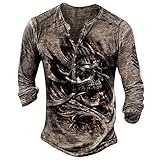 Cotton Henley-Hemd Für Männer, Langhärmees Festes/Bedrucktes T-Shirt Retro-Stil Gewaschener Streetwear Vintage Casual Tee, Verzweifeltes Gewaschenes Hemd T-Shirt Für Männer (C-Koffee, Groß)