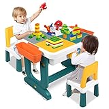 YRHome Kindertisch Spieltisch Aktivitätstisch mit 2 Stühle, 300 Stück Bausteine Multi Aktivitätstisch Set Multifunktionaler Aktivitätstischf für Kinder Baustein Tisch Basteltisch Set für Kinderzimmer