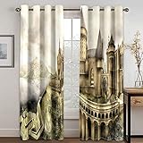 3D Braunes Gebäude Auf Einem Retro-Hügel Muster Schallschutz Vorhang 2Er Set Ösen Für Schlafzimmer Kinderzimmer, Gardinen Wohnzimmer Modern, Thermo Vorhänge Blickdicht Fensterdekoration 200X160cm