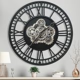 TOKTEKK Wanduhr Große 60cm mit Bewegliche Zahnrad, Vintage Retro Industriell Metall Wanduhr Romische Zahlen für Zimmer Zuhause KüChe Schlafzimmer Büro Schule (Retro-Schwarz)