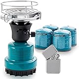 TOM Adventure Gas Campingkocher Set mit 4 x Butan Gaskartusche – 1 - flammig – Piezo-Zündung – Kartuschenkocher für Camping, Festivals & Outdoor Aktivitäten oder als Kohleanzünder