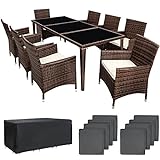 TecTake Aluminium Poly Rattan Gartenmöbel Set 8 Stühle mit Tisch mit Glasplatten, inkl. 2 Bezugssets und Schutzhülle, wetterfeste Balkon Möbel - braun schwarz
