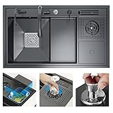 Küchenspüle Edelstahl Waschbecken Nano-Stufenspüle, Einzelplatz, Küche, 304 Edelstahl, hohes und niedriges Spülbecken, Unterbauspüle mit Gläserspüler und Zubehör