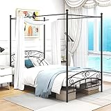 ARFARLY Himmelbett Bettgestell Doppelbett Metallbett Bettrahmen Lattenrost Schlafzimmerbett Schlafzimmermöbel Ehebett Schwarz 120x200cm