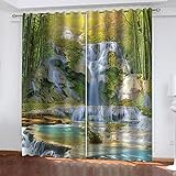 Vorhänge Blickdicht Gardinen Mit Ösen Verdunkelungsvorhang Thermovorhang Für Kinderzimmer Wohnzimmer Fensterdekoration 3D Grüner Bambuswald-Wasserfall Muster Ösenschal 2Er Set 210X220cm(HxB)