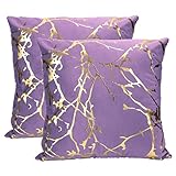 Idocolors 2er Set Samt Kissenbezug für Sofa 45x45 cm Dekorative Kissenhülle mit Goldenes Muster, Dekokissenbezuge für Schlafzimmer Wohnzimmer Zierkissenbezüge Lila