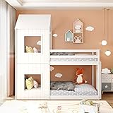 fangqi 90 * 200cm Etagenbett, Kinderbett, mit Leiter & Baldachin, bodentief, massivholz, weiß