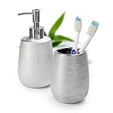 KADAX Badezimmerset, Badezimmerzubehör aus Keramik, Badezimmerbecher und Seifenspender, Badausstattung für Badezimmer, Toilette, Zahnbürstenhalter, Pumpflasche (Silber)