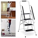 Trittleiter 4 Stufen Klappbar mit handlauf und Rutschfester Stufen, Klapptritt Klappleiter Klapptreppe Stehleiter Haushaltsleiter Leiter Leiter, Ideal für Zuhause/Küche/Garage, belastbar bis 150 kg