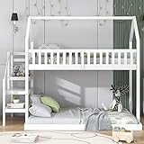 RHYYS Etagenbett Hausbett mit Treppe Kinderbett mit Fallschutz und Gitter Rahmen aus Kiefer, weiß (90x200cm)