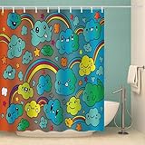 MYREX Duschvorhang 180x200 Cartoon-Doodle Beschwerter Saum Antischimmel Textil,Wasserabweisend,Waschbar Polyester Stoff Badevorhänge Wolken und Regenbögen mit Ösen und 12 Duschvorhangringe Badezimmer