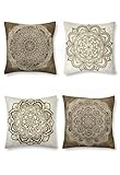 SUMGAR Beige Coffee Mandala Throw Kissenbezüge Frühling Indian Boho Pattern Square Kissenbezüge Bohemian Kissenbezüge für Wohnzimmer Schlafsofa Auto mit unsichtbarem Reißverschluss 45x45cm 4er Pack