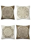 SUMGAR Beige Coffee Mandala Throw Kissenbezüge Frühling Indian Boho Pattern Square Kissenbezüge Bohemian Kissenbezüge für Wohnzimmer Schlafsofa Auto mit unsichtbarem Reißverschluss 45x45cm 4er Pack