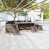 JUNZAI 6-TLG. Garten-Lounge-Set mit Kissen, Gartenlounge, Sitzgruppe, Terrassenmöbel, Sitzecke Balkon, Loungemöbel Terrasse, Balkon Lounge, Poly Rattan Grau