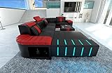 Sofa Bellagio U Form Wohnlandschaft Leder Couch mit LED Ledersofa mit Ottomane (Ottomane Links, Schwarz-Rot)