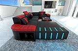 Sofa Bellagio U Form Wohnlandschaft Leder Couch mit LED Ledersofa mit Ottomane (Ottomane Links, Schwarz-Rot)