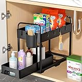 2 Etagen Unter Waschbecken Regal, CompraFun Arbeitsplatte Regal mit Schiebeschublade Unterschrankregal, Spülschrank Organizer mit 6 Haken & 2 Tasse, Küche Organizer Gewürzregal