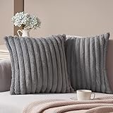 Topfinel 2er Set Kissenbezug 40x40 grau Kunstfell gestreift Muster Plüsch Ultra weich Dekorative Kissenbezüge Kissenhülle Dekokissen Sofakissen für Sofa Schlafzimmer Wohnzimmer