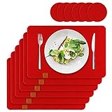 Lindenberg Living Premium Tischset Filz rutschfest - Rot | 6 Filz Platzsets Waschbar + 6 Glas-Untersetzer | Waschmaschinen geeignet | Platzdeckchen Groß, Abwaschbar | Design Filzmatte Unterlage