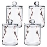 Gredecor 4 Stück Apothekergläser Baseball Softball Rote Spitze Qtip Halter Organizer Transparent Luftdicht Behälter für Wattestäbchen Aufbewahrung Acryl Kunststoff Glas mit Deckel