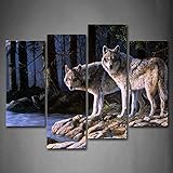 Wolf Tier Bilder Leinwand 4 Teilig Bild Wolf im Wald Fluss Wandbilder Wohnzimmer Moderne für Schlafzimmer Dekoration Wohnung Home Deko Kunstdruck