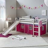 Homestyle4u 540, Kinderbett 90x200 cm Weiß Holz Kiefer Kinder Hochbett mit Rutsche Vorhang Pink