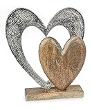 Deko Figur Herz Herzen 26 cm, Mango Holz massiv natur braun Metall Alu silber, Dekoherz Herzaufsteller Herzdeko zum Stellen