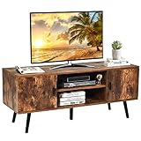 KOMFOTTEU Fernsehtisch, Lowboard für Fernseher bis zu 55 Zoll, TV Schrank mit 2 Türen & 2 offenen Regalen, Fernsehschrank für Wohnzimmer, Esszimmer, Schlafzimmer