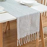 CHUQING Tischläufer landhausstil grau Boho Tisch Läufer mit Quasten rustikal Table Runner,32x275 cm,hellgrau