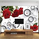 Große Rose Wandtapete 3D Rote Rosen Grüne Blätter Hintergrund Wandbild Romantische Blumen 3D Tapete Wandbild TV Wandbild Tapete Wanddekoration fototapete 3d Vlies wandbild Schlafzimmer-150cm×105cm