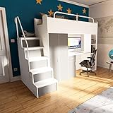 Marlux-Meble Hochbett Kinderbett JSM-4 80x190 mit Kleiderschrank Schreibtisch und Treppe Matt Kinderbetten Funktionsbett Etagenbett Stockbett Kinderhochbett Jugendhochbett (Graphit Matt)