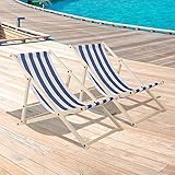 Gimisgu Liegestuhl Holz Klappstuhl Gartenliege aus Holz Sonnenliege Faltliege Abnehmbar Campingstuhl Verstellbar Strandliege Relaxliege Strandstuhl 120KG Max.(Blau-Weiß-Gestreift 2 Stücke)