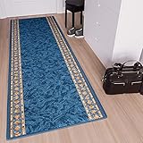 TAPISO Anti Rutsch Teppich Läufer rutschfest Brücke Meterware Blau Gelb Ornament Design Meliert Flur Küche Wohnzimmer 80 x 300 cm