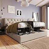 Hydraulisch Polsterbett 160x200cm,Verstellbares Kopfteil Doppelbett, Bett mit Lattenrost aus Metallrahmen, Modernes Bettgestell mit Stauraum (Natur Farbe, 160 x 200cm)