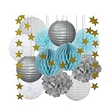 Kinder Junge 13. Geburtstag Bar Mitzvah Partybevorzugung Dekor Gold Marineblau Runde Papierlaterne Weiße Wabe Taufe DIY Glitzerstern-Silberblau, 8 Zoll (ca. 20 cm)