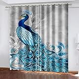 Vorhänge Blickdicht 2Er Set Digitaldruck 3D Tierischer Pfau Thermogardine Mit Ösen - Verdunkelungsvorhang Kinderzimmer Junge Mädchen, Schlafzimmer Wohnzimmer Fensterdekoration 160X200Cm (Hxb)