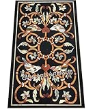 Indian Heritage Art and Crafts Esstisch, 61 x 121 cm, Blumenmuster, Schwarz Marmor, rechteckige Form, Rasentisch von Indian Heritage Art and Crafts