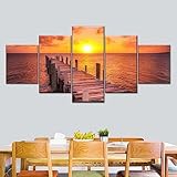 GiZmac Wandbilder Set Deko Bilder 5 Stück Wandposter Gold Sunset Dock Painting Bilder Wanddekoration Leinwandbilder Dekoartikel 200X100(Kein Rahmen)