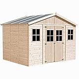 TIMBELA Holz Gartenschuppen - Abstellkammer mit Fenstern - H246 x 418 x 320 cm/ 12 m² Naturholz-Shiplap-Schuppen - Gartenwerkstatt - Fahrrad- Geräteschuppen M331