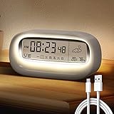 FAYIBUY Wecker Digital, Digital Uhr, Tisch Uhr Digital Wecker, Digital Clock mit Temperatur, Wetter, Countdown, Zeit, Wiederaufladbar