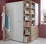 lifestyle4living Eckkleiderschrank, begehbar, Eiche San Remo, Alpin-Weiß | Eckschrank mit Falttür, Drehtür, Kleiderstange, Kleiderhaken, 5 Einlegeböden, 2 Schuhablagen