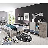 Lomadox Jugendzimmer Kinderzimmer Set, Sandeiche weiß Lava blau, 140 x 200 cm Kojenbett, Schreibtisch, Nachttisch, Highboard
