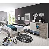 Lomadox Jugendzimmer Kinderzimmer Set, Sandeiche weiß Lava blau, 140 x 200 cm Kojenbett, Schreibtisch, Nachttisch, Highboard