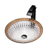 Badezimmer-Waschbecken, Waschtisch, Waschbecken aus gehärtetem Glas, rundes, luxuriöses Aufsatzwaschbecken, Schüssel über der Theke, Kunstwaschbecken mit Wasserfall-Wasserhahn, Pop-Up-Ablauf, Trauben